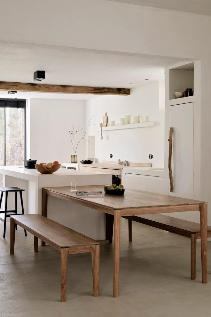 Natural Teak Bok Bench, Bok dining table in Morrocan inspired Plastered kitchen - Saffron and Poe, Ethnicraft