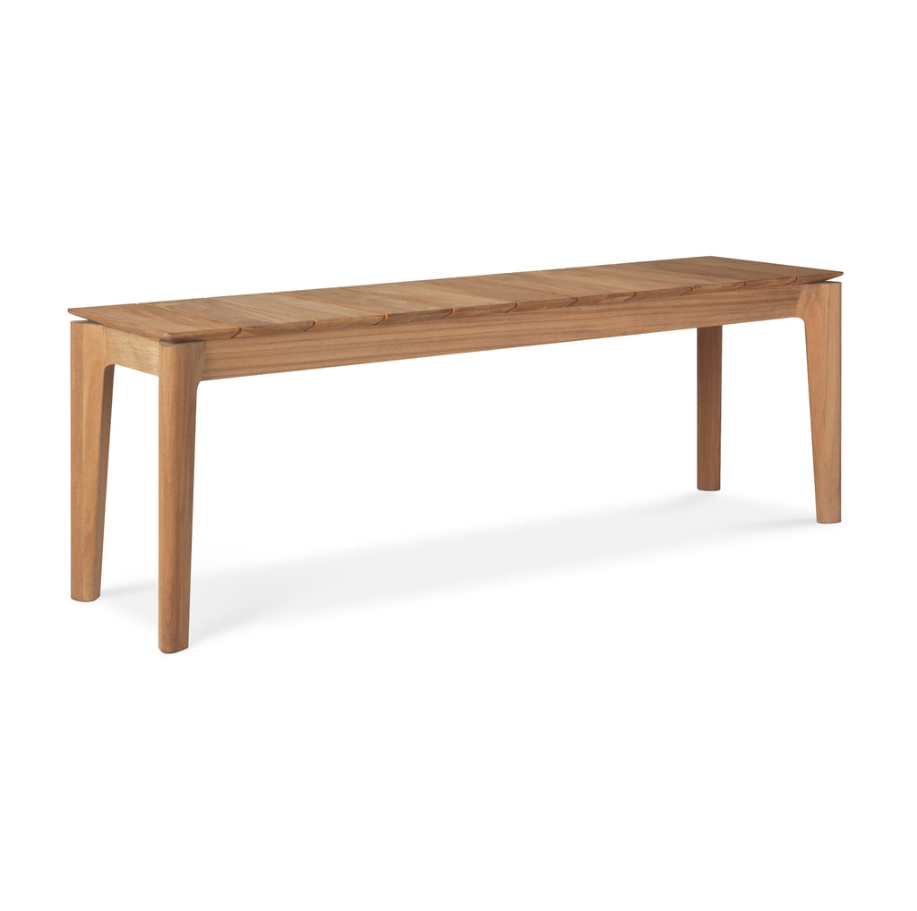 Slatted Teak Bok Outdoor Bench side view with white background and beautiful wood joinery. - Saffron and Poe, Ethnicraft