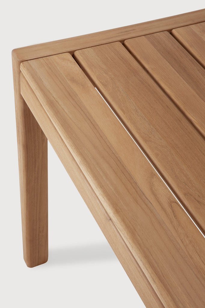 Teak Jack Outdoor Dining Table top view zoomed in with white background and beautiful wood joinery. - Saffron and Poe, Ethnicraft