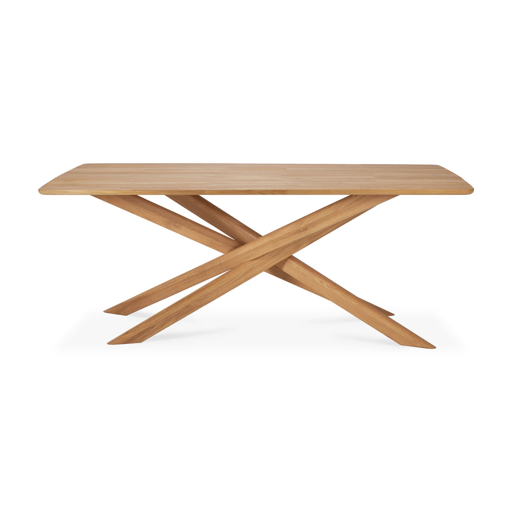 Teak Mikado Outdoor Dining Table side view with white background and beautiful wood joinery. - Saffron and Poe, Ethnicraft