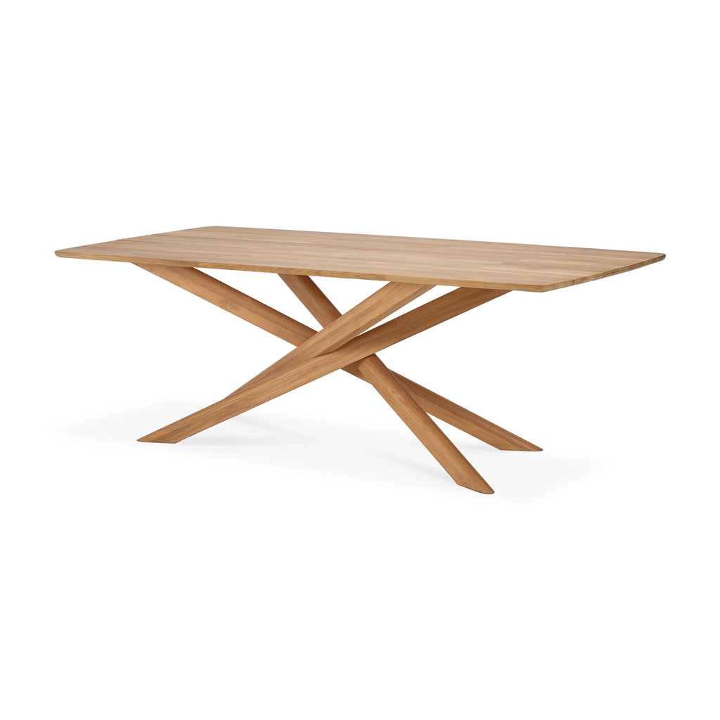 Teak Mikado Outdoor Dining Table angled view with white background and beautiful wood joinery. - Saffron and Poe, Ethnicraft