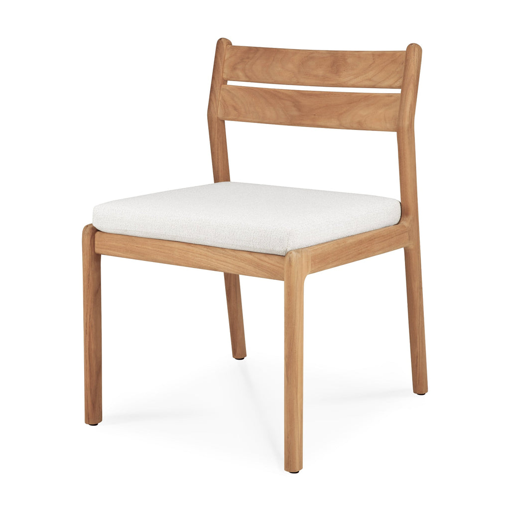 Jack Outdoor Dining Chair angle view and off white cushion with white background and beautiful wood joinery. - Saffron and Poe, Ethnicraft