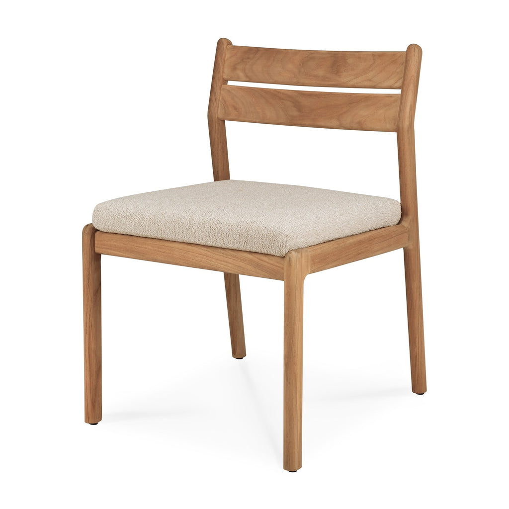 Jack Outdoor Dining Chair angle view and natural cushion with white background and beautiful wood joinery. - Saffron and Poe, Ethnicraft
