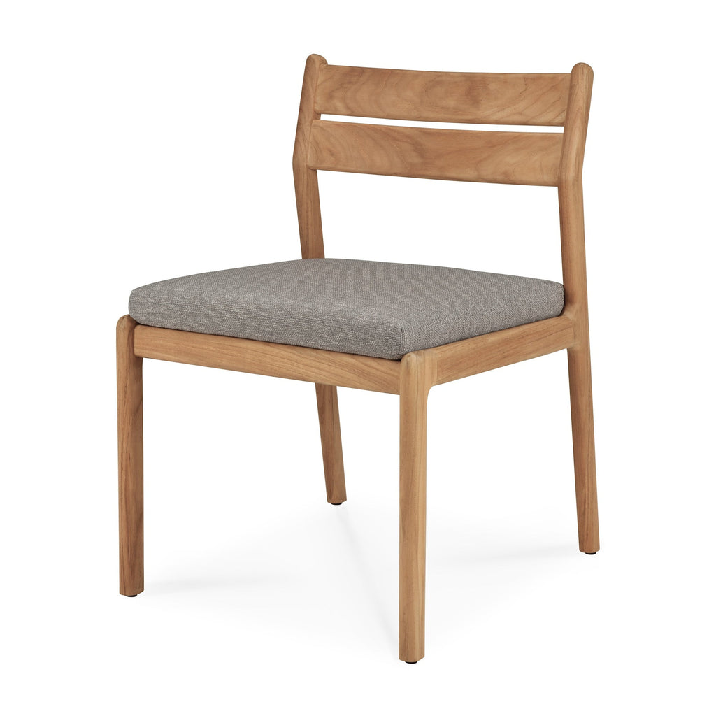 Jack Outdoor Dining Chair angle view and mocha cushion with white background and beautiful wood joinery. - Saffron and Poe, Ethnicraft