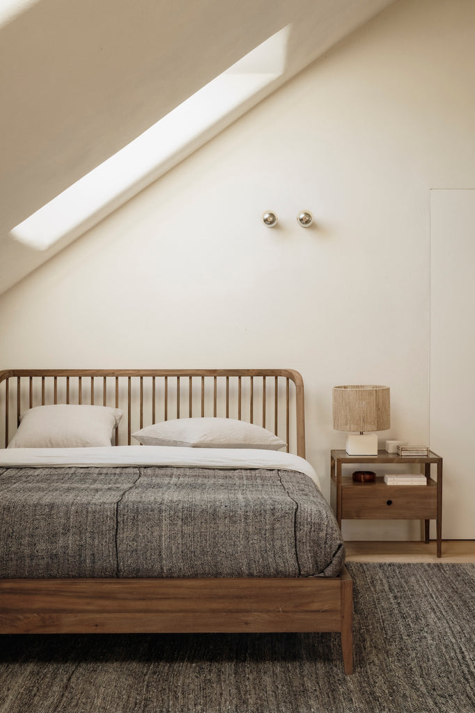 Reclaimed solid teak bed frame with beautiful wood spindle details and rounded wood headboard - with matching bedside table - Saffron and Poe, Ethnicraft