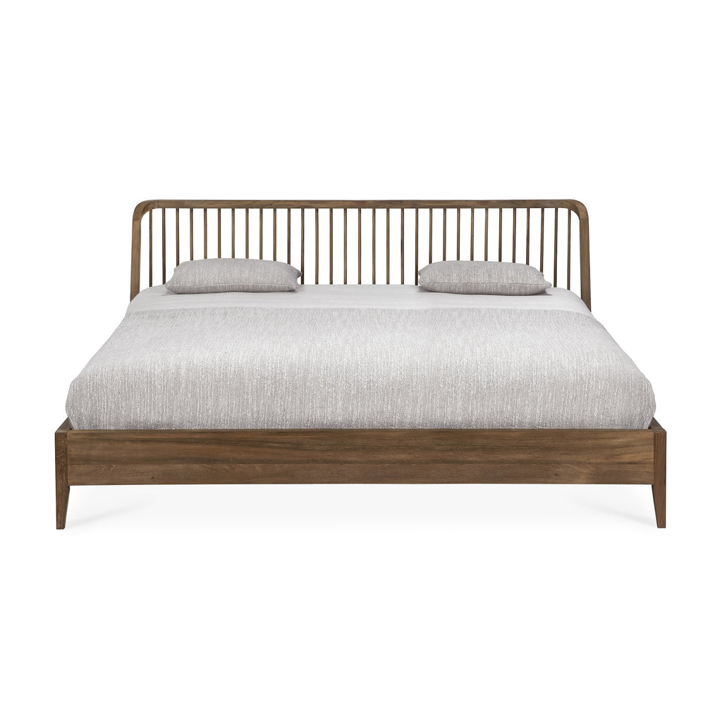 Reclaimed solid teak bed frame with beautiful wood spindle details and rounded wood headboard - front view - Saffron and Poe, Ethnicraft