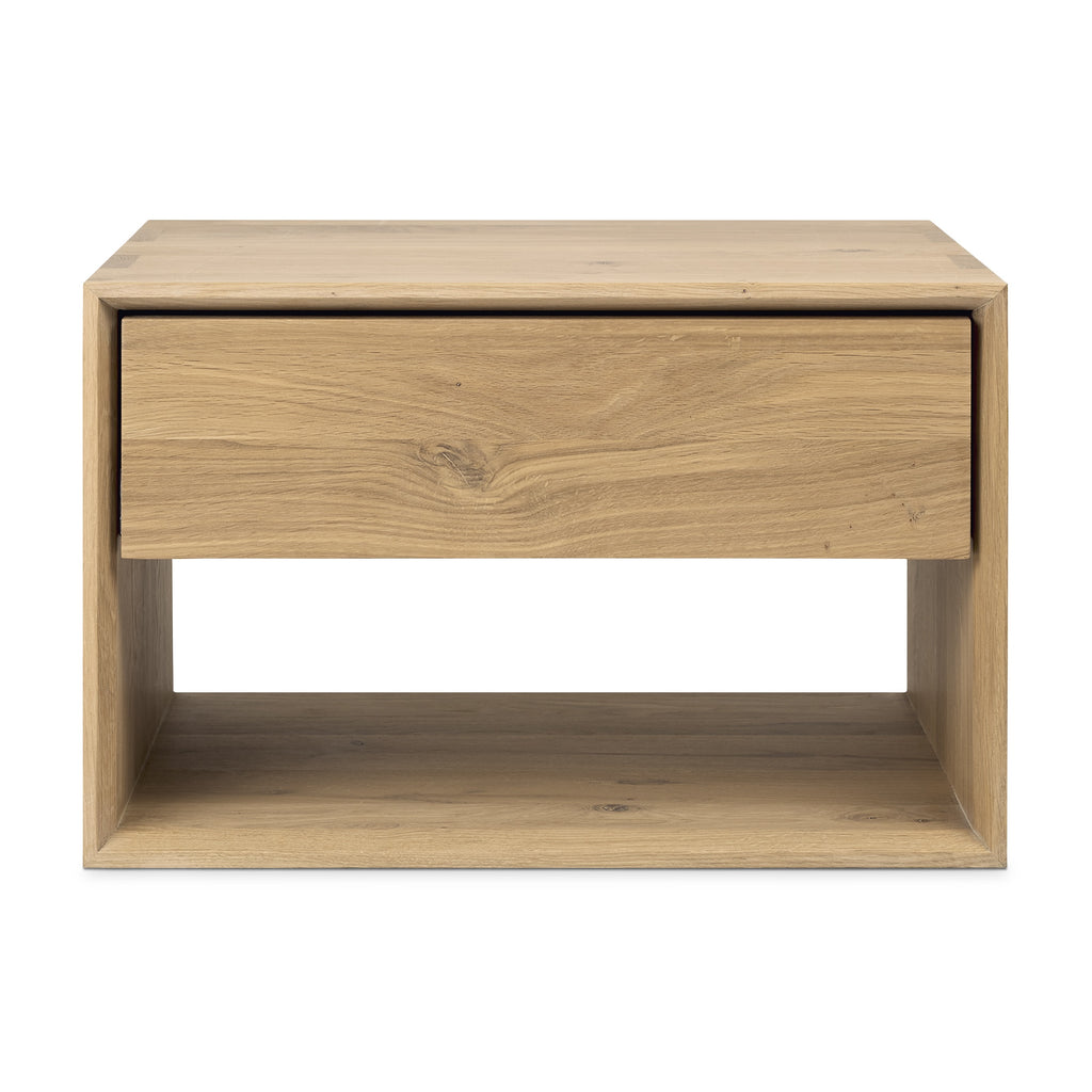 White oak bedside table with one drawer combines elegant lines with the purity of solid wood with beautiful dovetail details - Front View - Saffron and Poe, Ethnicraft