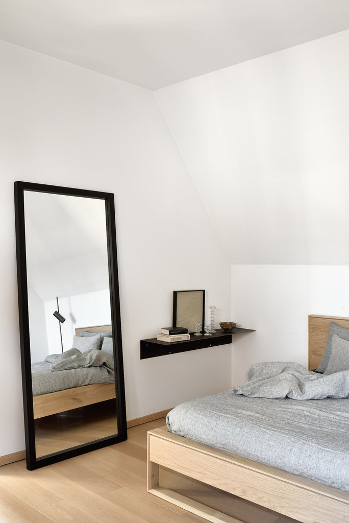 Solid European white oak wood bed frame with solid wood headboard and beautiful wood joinery - TQ View - Saffron and Poe, Ethnicraft