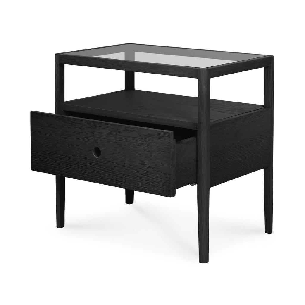 Solid blackened oak bedside table with one drawer, glass top and slightly tapered legs with beautiful wood joinery - TQ detail View - Saffron and Poe, Ethnicraft