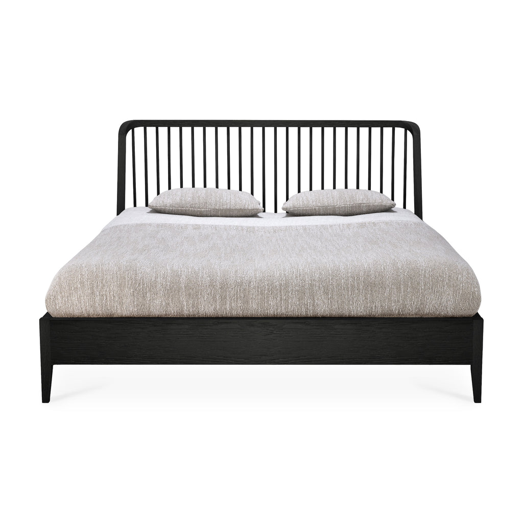 Solid Black Oak Mendocino Bed with wood spindle headboard - front View - Saffron and Poe, Ethnicraft