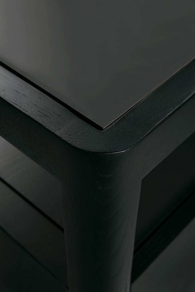 Solid black oak dresser with 4 drawers, glass top, tapered legs and rounded edges add a soft quality to this stylish storage solution - Detail4 - Saffron and Poe, Ethnicraft