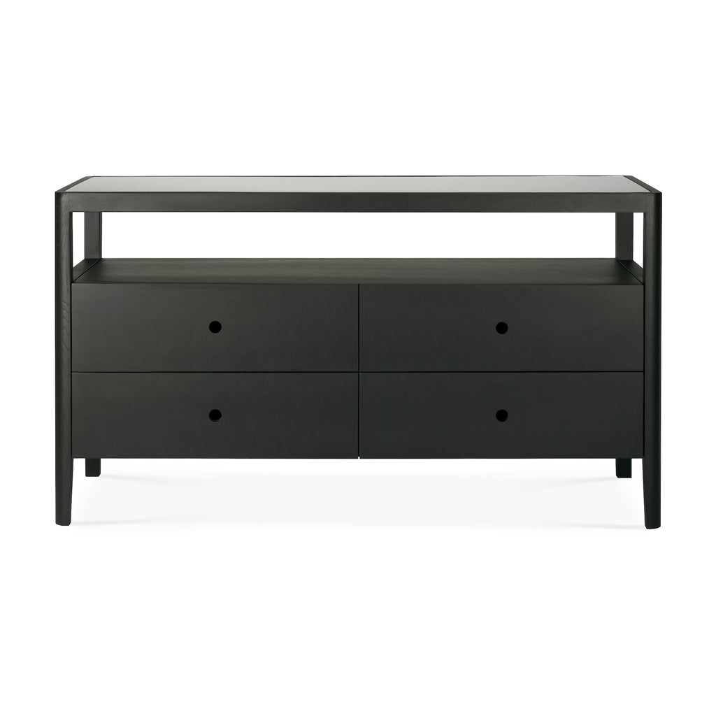Solid black oak dresser with 4 drawers, glass top, tapered legs and rounded edges add a soft quality to this stylish storage solution - front View - Saffron and Poe, Ethnicraft