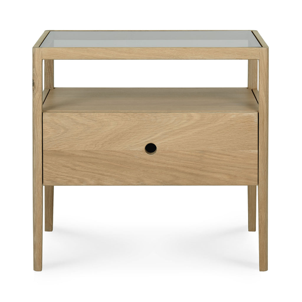 Solid white oak bedside table with one drawer, open space and slightly tapered legs with beautiful wood joinery - Front View - Saffron and Poe, Ethnicraft