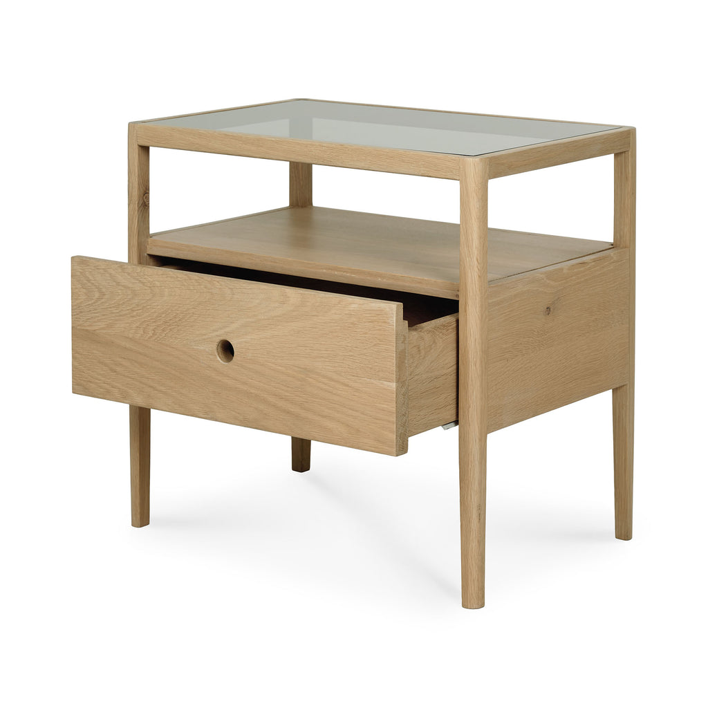 Solid white oak bedside table with one drawer, glass top and slightly tapered legs with beautiful wood joinery - TQ Detail View - Saffron and Poe, Ethnicraft