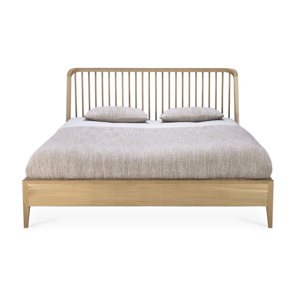 White Oak Spindle Bed front view with white background and beautiful wood detailing. - Saffron and Poe, Ethnicraft