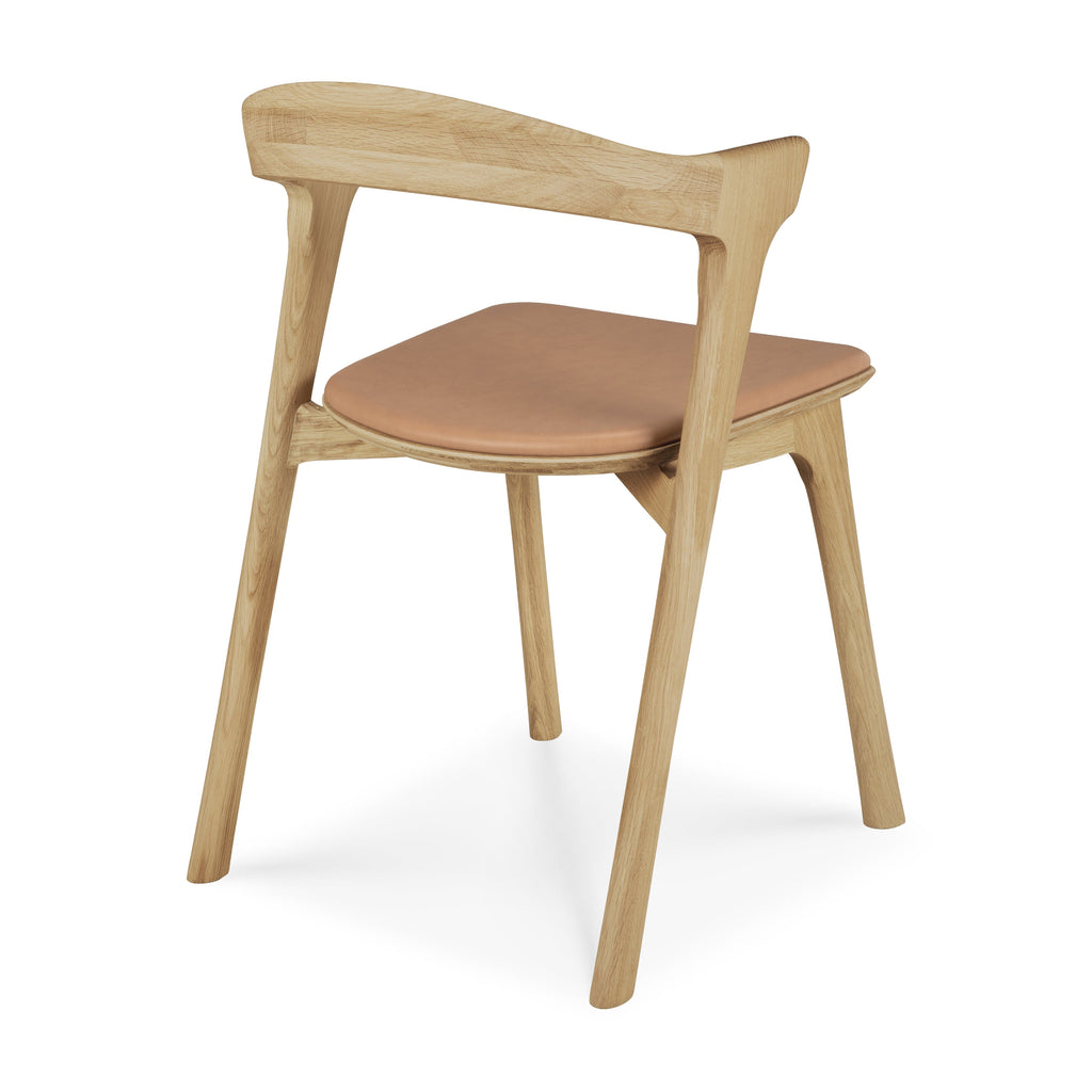 White Oak Bok Dining Chair with sienna leather seat back angle view with white background - Saffron and Poe, Ethnicraft