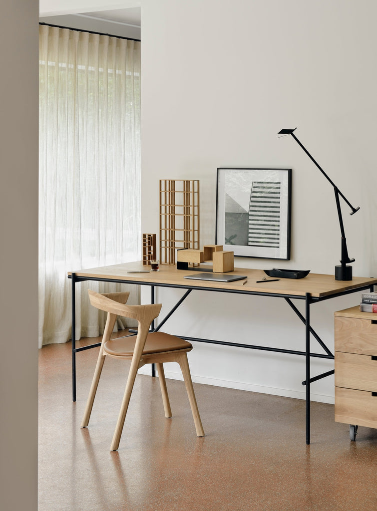 White Oak Bok Chairs with saddle leather seat in bright modern home office with desk and terrazzo floors. - Saffron and Poe, Ethnicraft