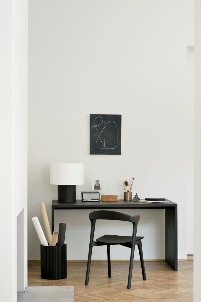 Black Oak Bok Chairs in bright modern home office with black desk and herringbone wood floors. - Saffron and Poe, Ethnicraft