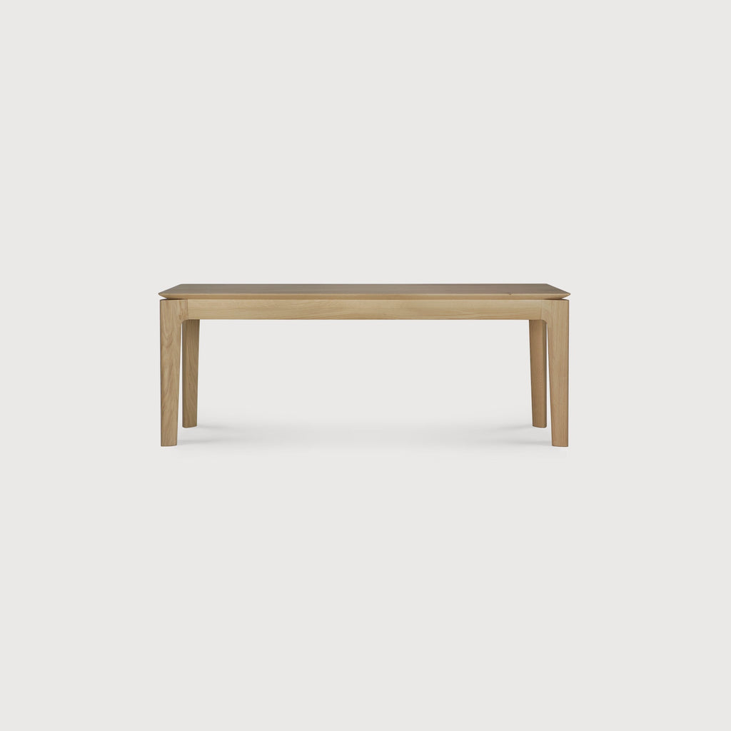 White Oak Bok Bench front angle view with white background and beautiful wood joinery. - Saffron and Poe, Ethnicraft