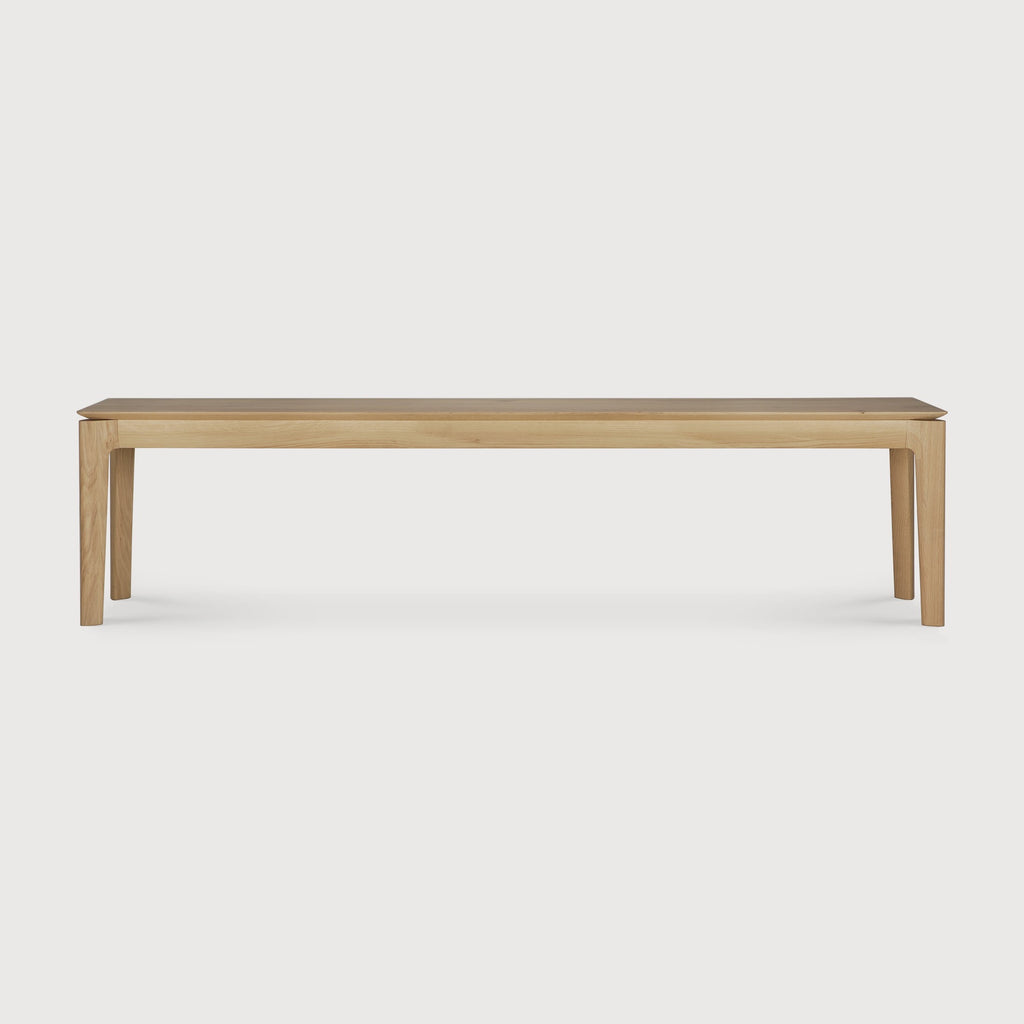 White Oak Bok Bench front angle view with white background and beautiful wood joinery. - Saffron and Poe, Ethnicraft