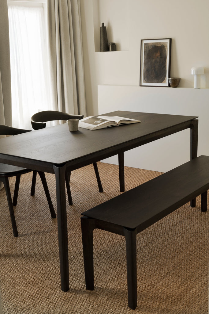 Black Oak Bok Bench, Bok dining chairs and Bok dining table in plastered Modern European inspired dining room with styled plaster Shelves. - Saffron and Poe, Ethnicraft