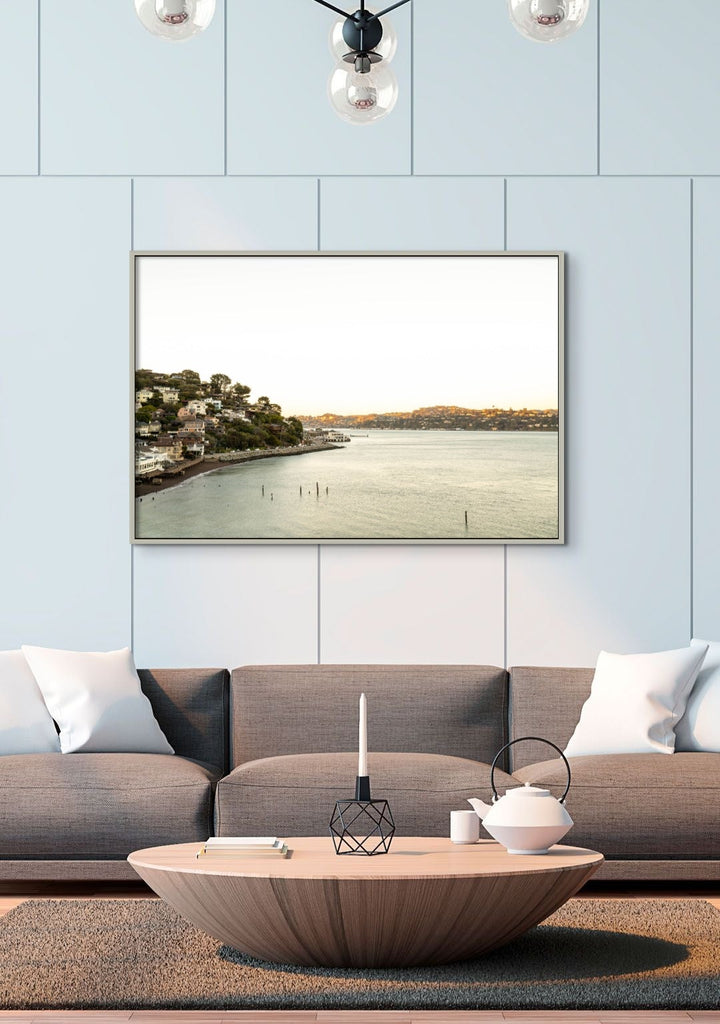 Photo of sunlit Tiburon hillside from Sausalito shore in room by Mika Street for Saffron and Poe