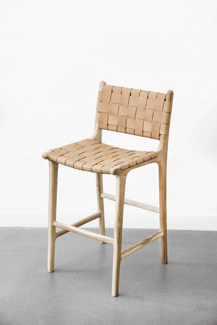 Woven Leather Strap Counter Stool - Beige - Saffron + Poe