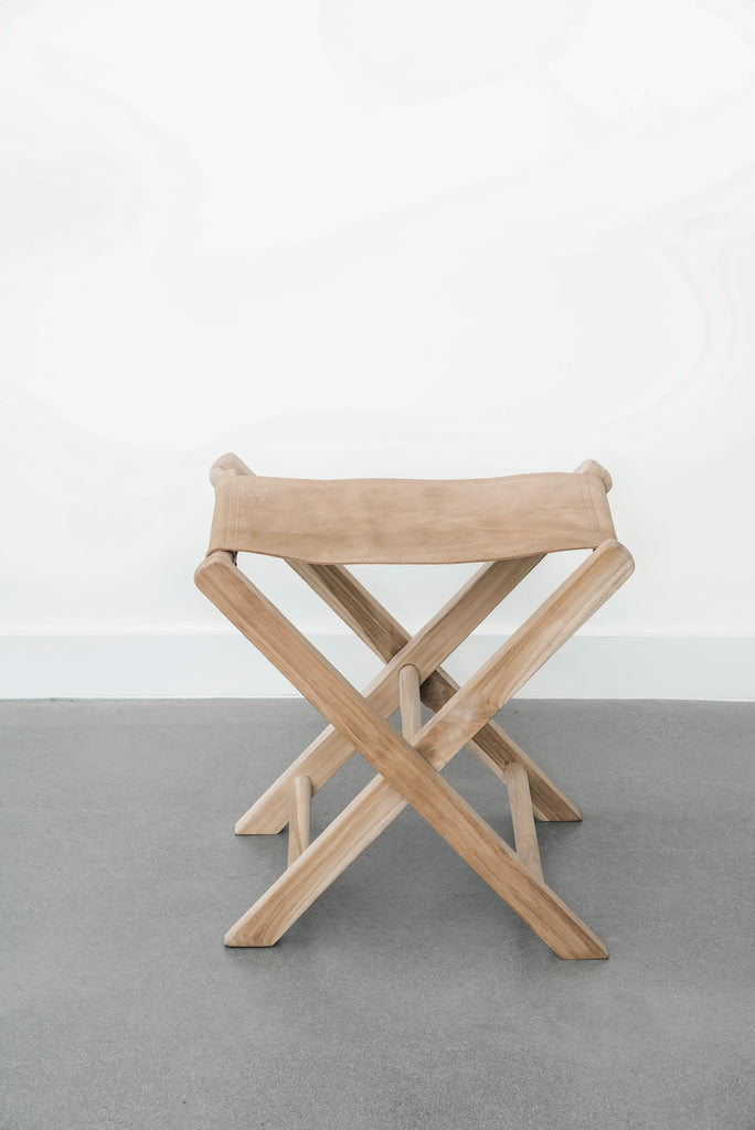 Teak Leather Folding Stool - Saffron + Poe