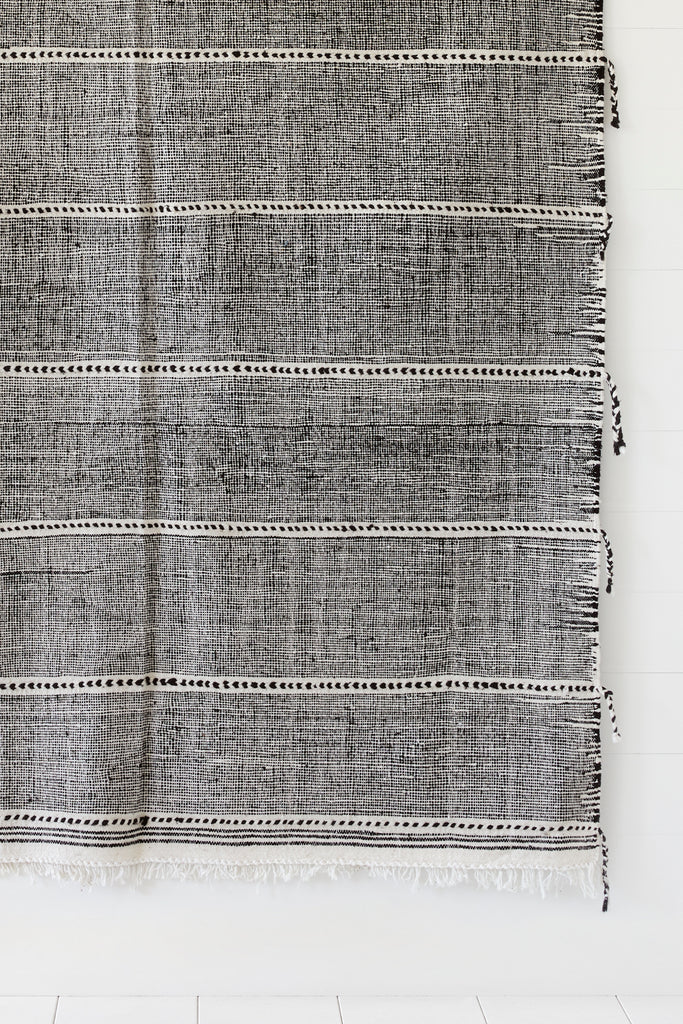 Close up view of No. 26 - Moroccan Flat Weave Kilim Rug against a white background. - Saffron and Poe