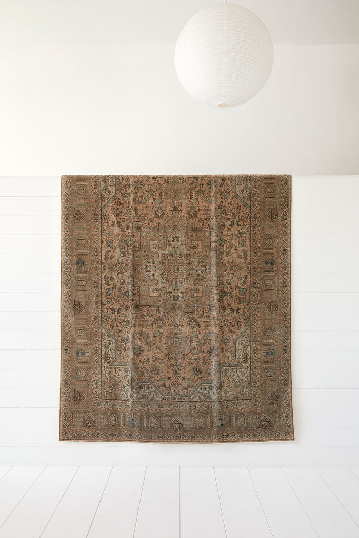 Front view of No. 58 - Vintage Turkish Oushak Rug against a white background. - Saffron and Poe