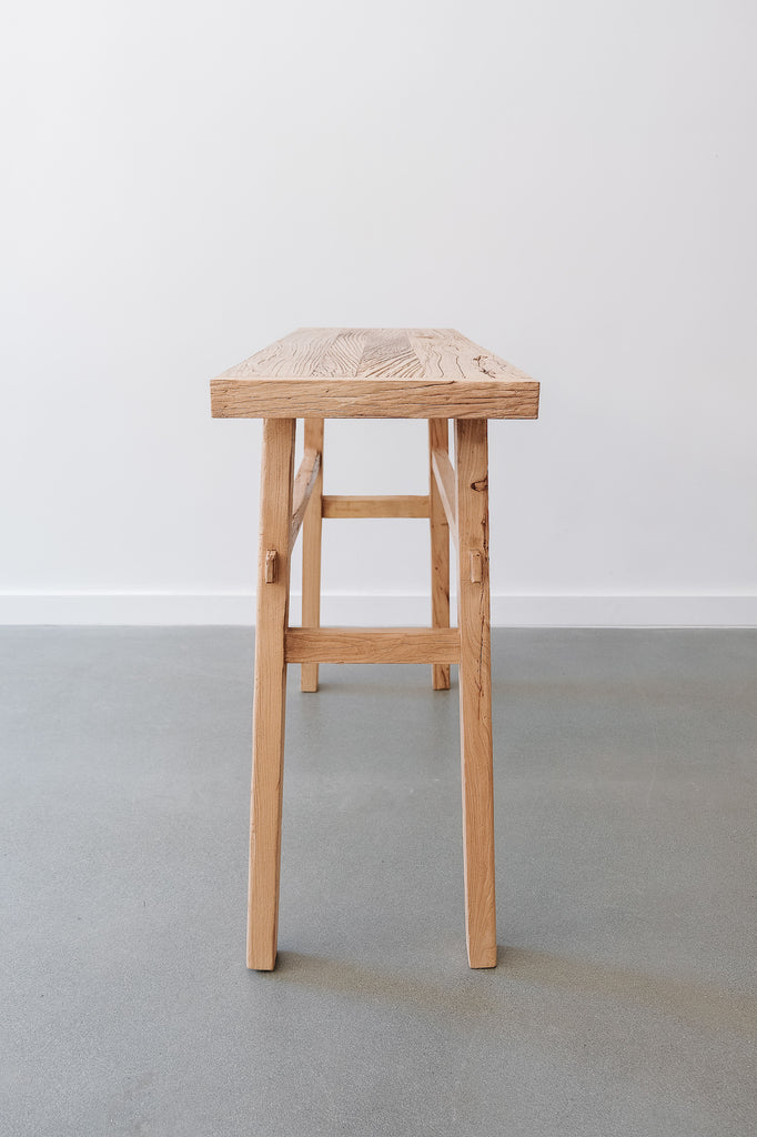 Side view of Vintage Elmwood Console against a white background. - Saffron and Poe