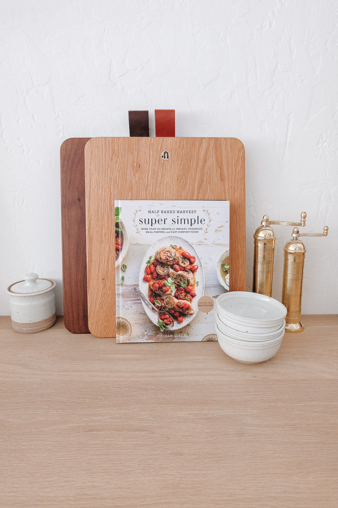 Styled Half Baked Harvest book with Jacob May Cutting Boards and Hand thrown Ceramic bowls - Saffron and Poe