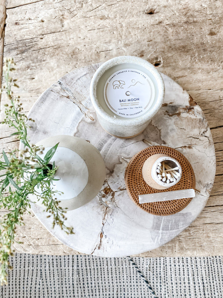 Styled Tenganan Coaster with ceramics on an antique coffee table. - Saffron and Poe