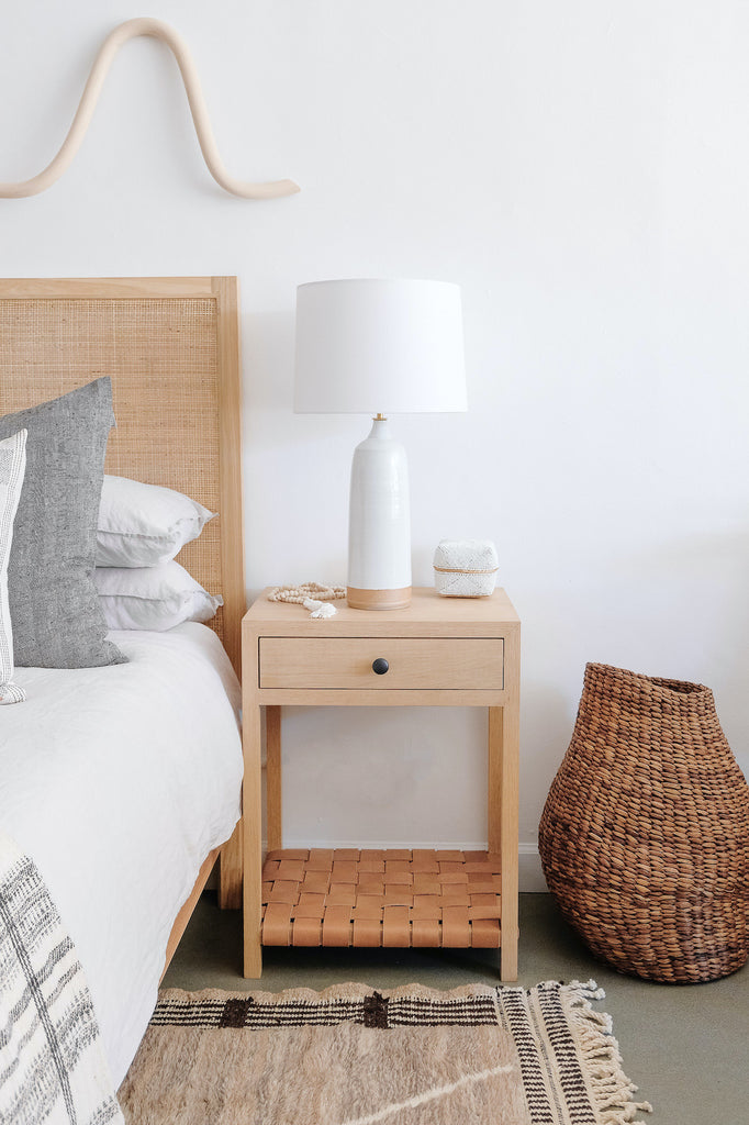 Styled Oak and Leather Strap Side Table with Ceramic Lamp and Bali Beads. Handcrafted in California. - Saffron + Poe