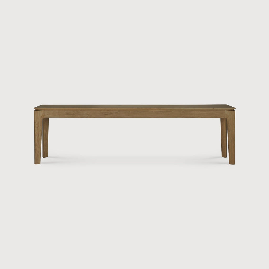 Natural teak Bok Bench with contoured frame and floating top, handcrafted solid wood furniture