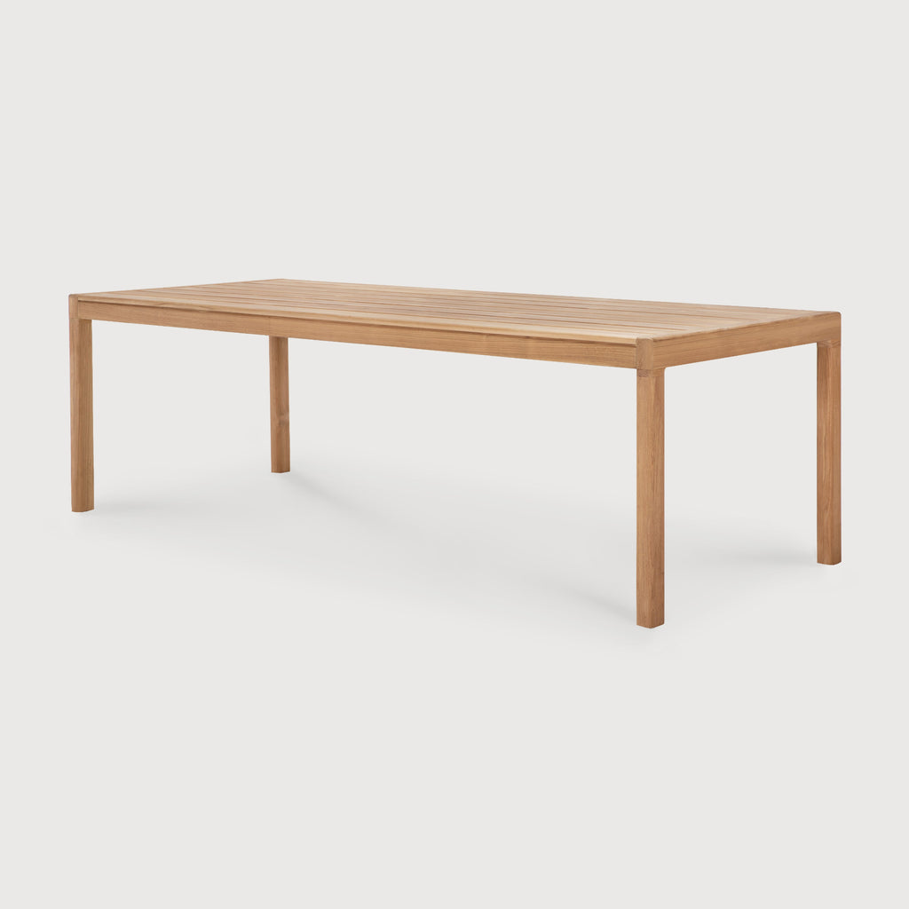 Teak Jack Outdoor Dining Table angled view with white background and beautiful wood joinery. - Saffron and Poe, Ethnicraft