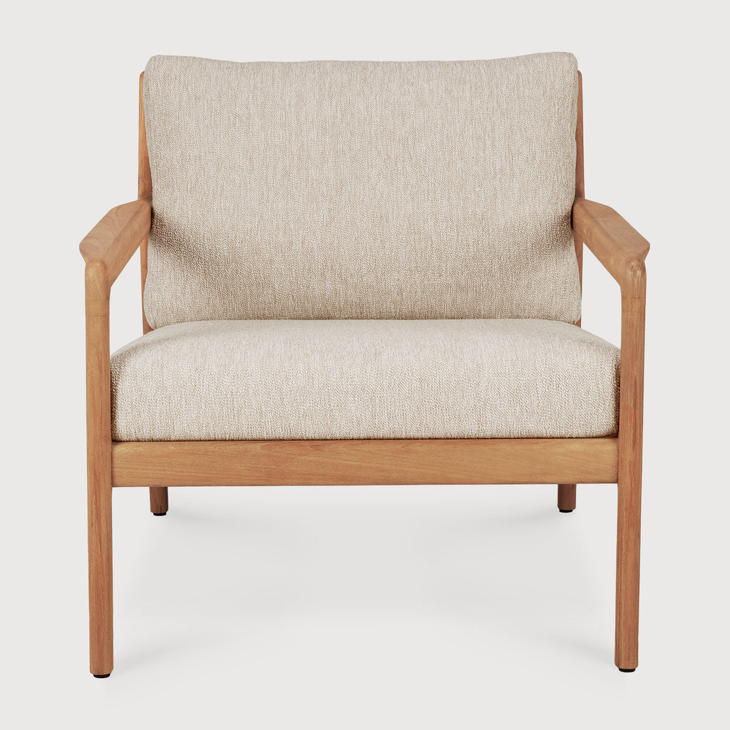 Beige outdoor armchair with wooden frame on a white background