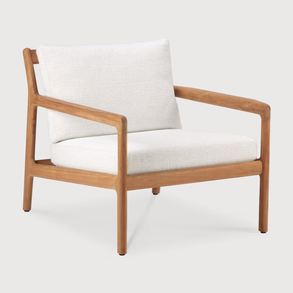 Outdoor wooden armchair with white cushion on a light gray background