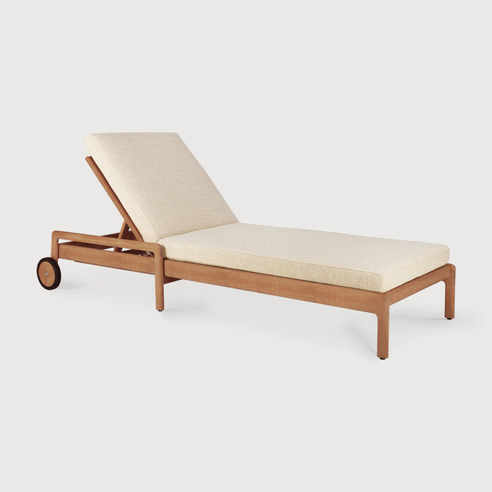 Wooden lounge chair with beige cushion on a white background