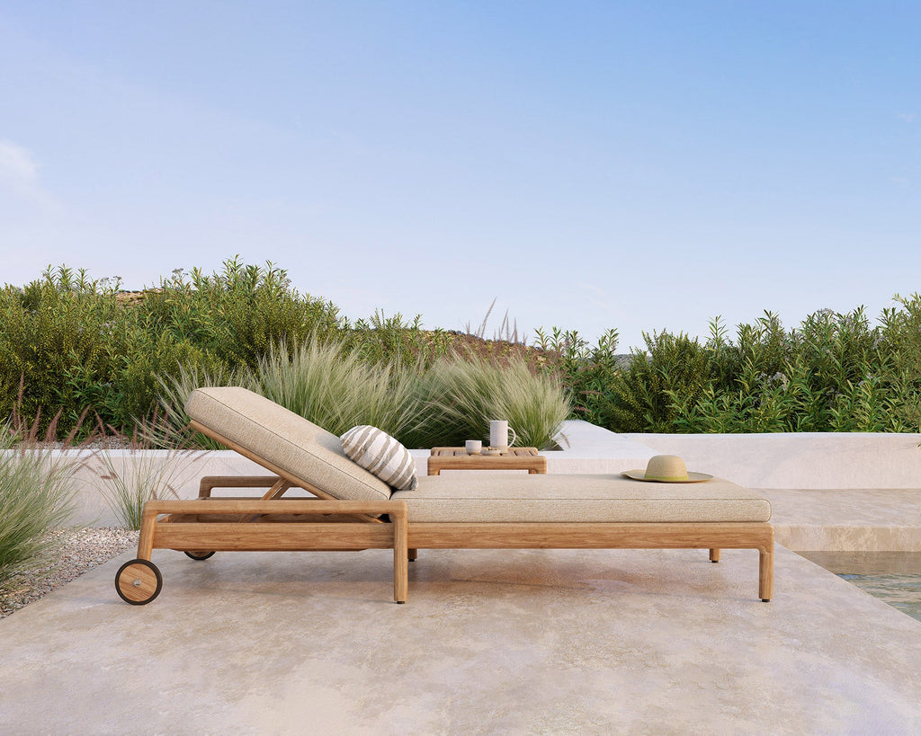Jack Outdoor Adjustable Lounger in solid teak with Belgian fabric cushion for stylish outdoor relaxation