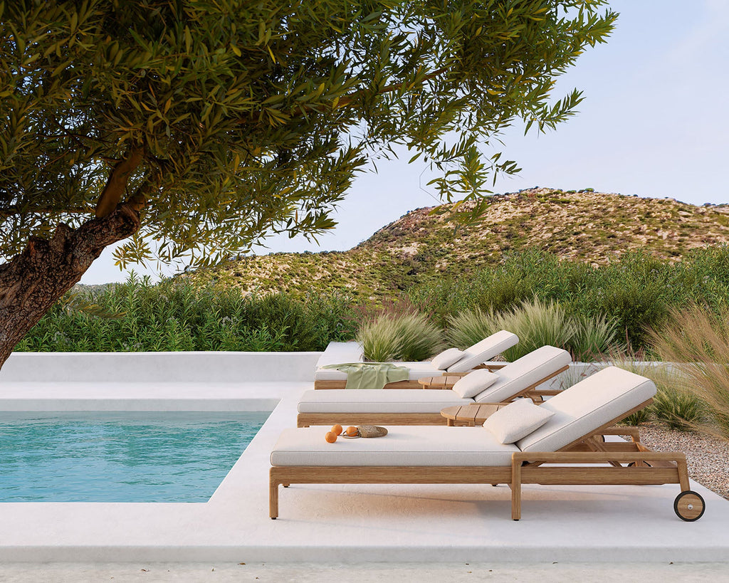 Jack Outdoor Adjustable Lounger made of solid teak with red fabric cushion for outdoor relaxation