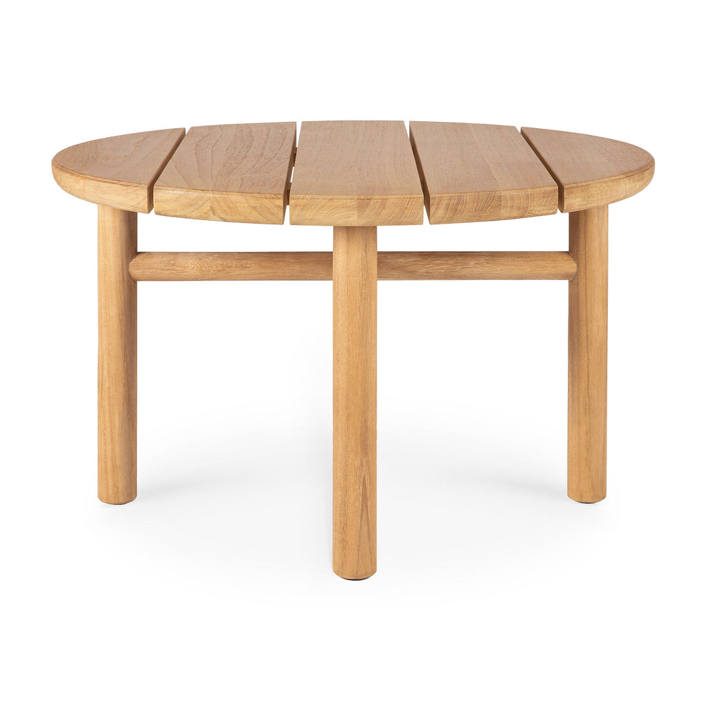 Quatro Outdoor Side Table solid teak with grooved tabletop and round legs in modern outdoor setting