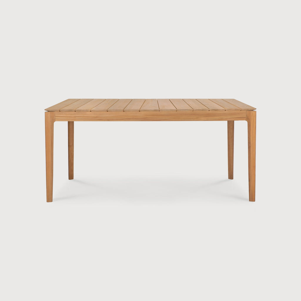 Bok Outdoor Dining Table made of teak with sculptural design and slatted tabletop