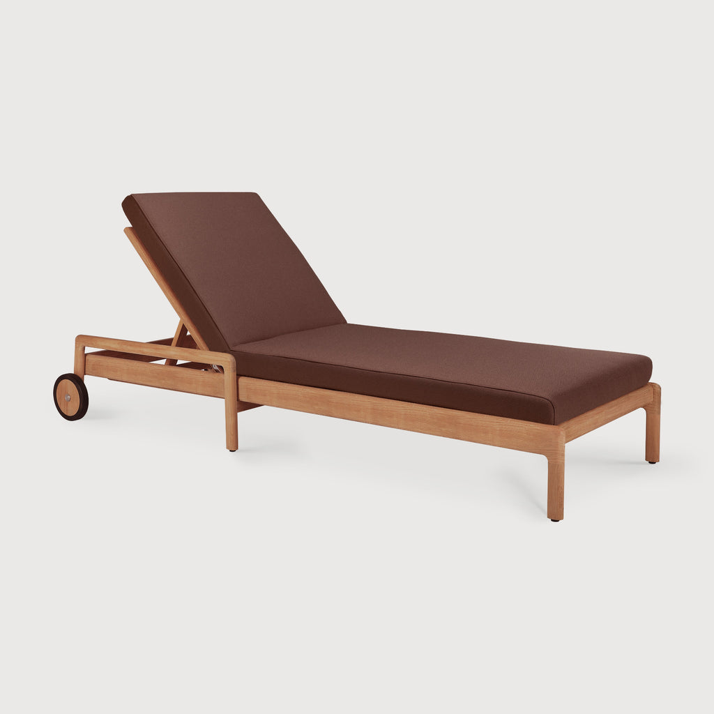 Wooden lounge chair with burgandy cushion on a white background