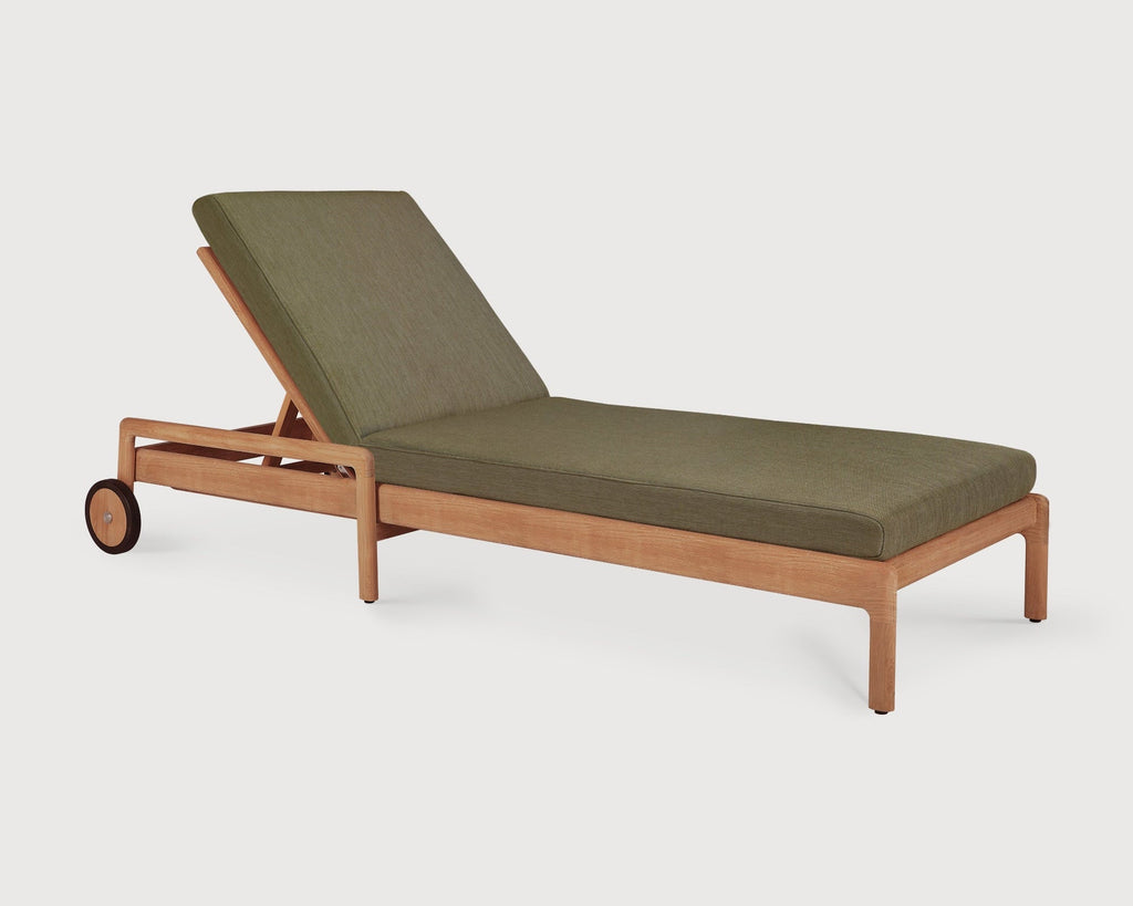 Jack Outdoor Adjustable Lounger with red cushion and solid teak frame in outdoor setting