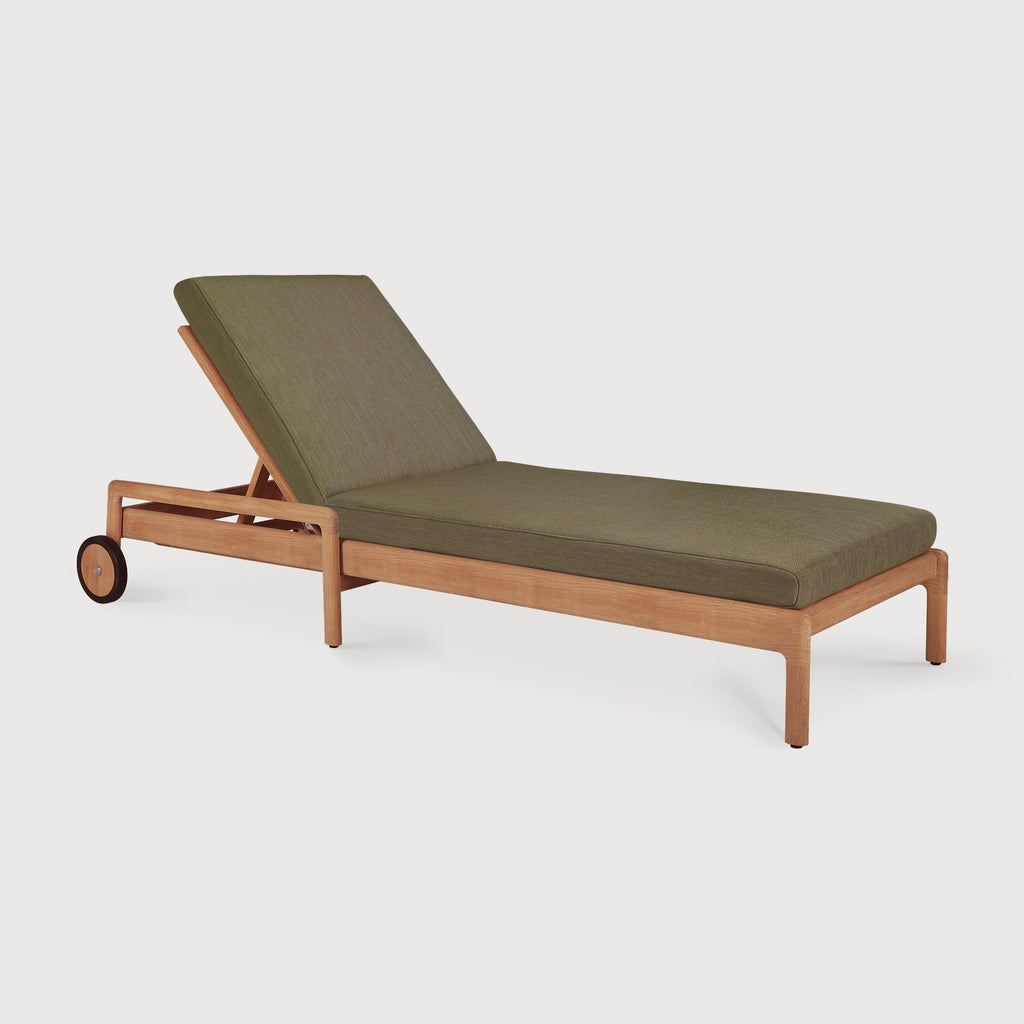 Wooden lounge chair with green cushion on a white background