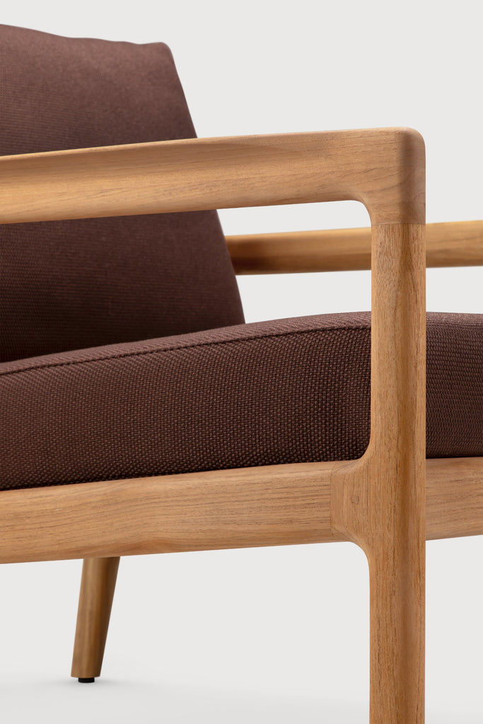 Brown upholstered outdoor chair with wooden frame on a white background