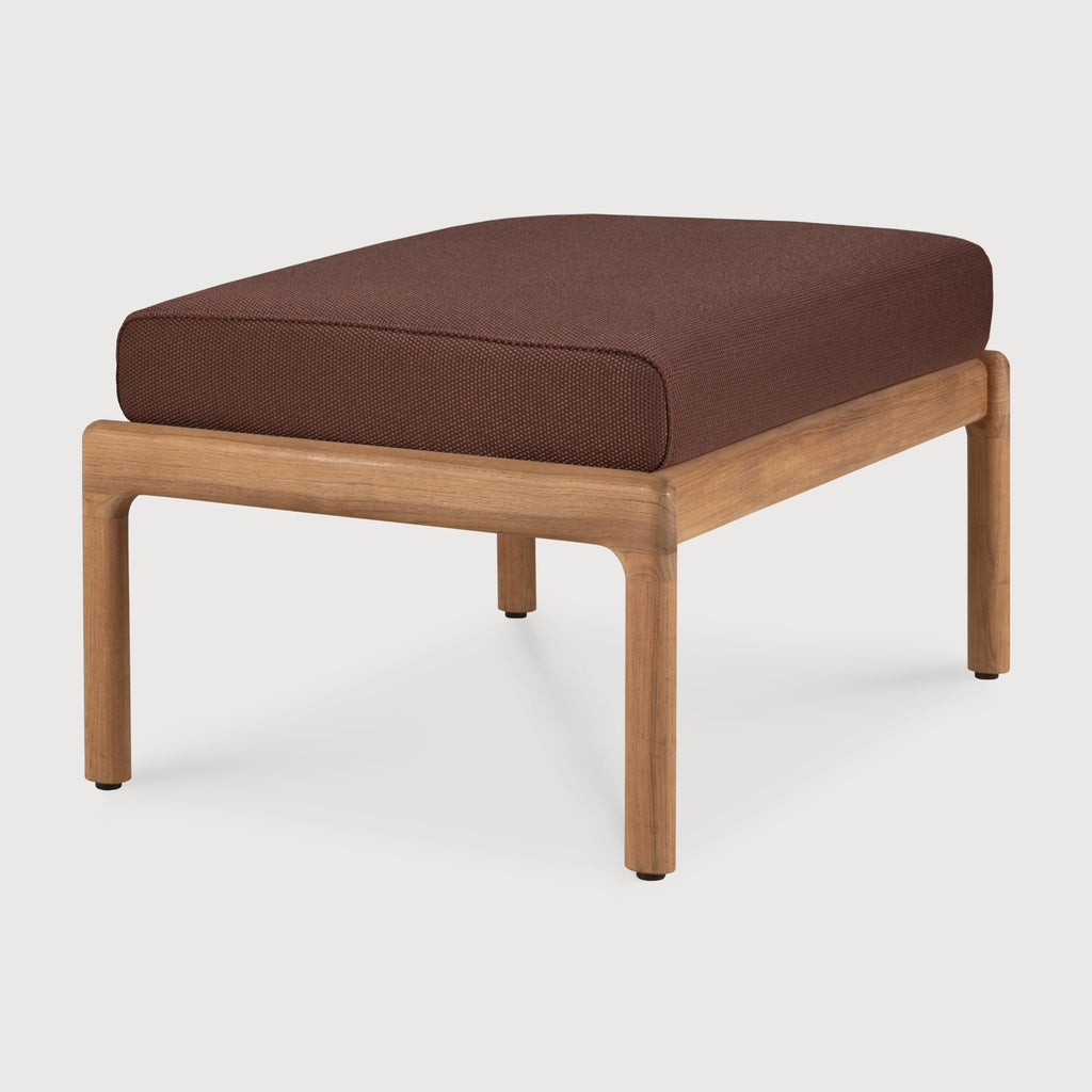 Jack outdoor ottoman with teak wood frame and burgundy cushion on a white background.