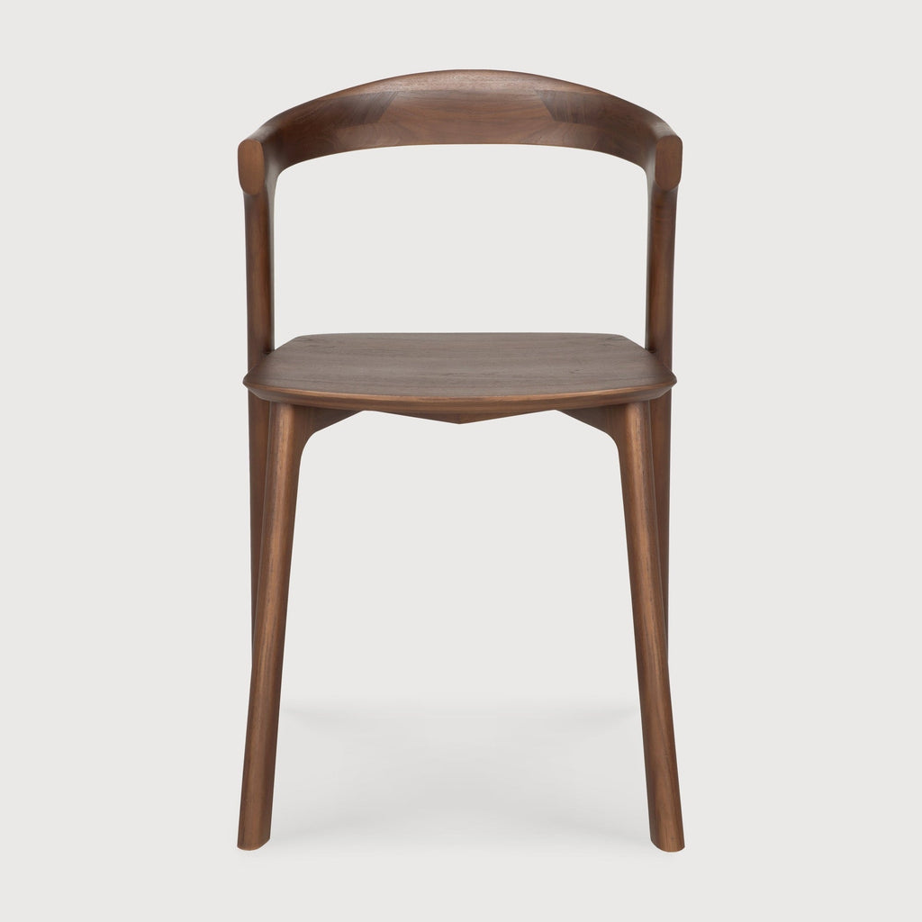 Bok Dining Chair in dark teak wood with contoured frame and brown varnished finish