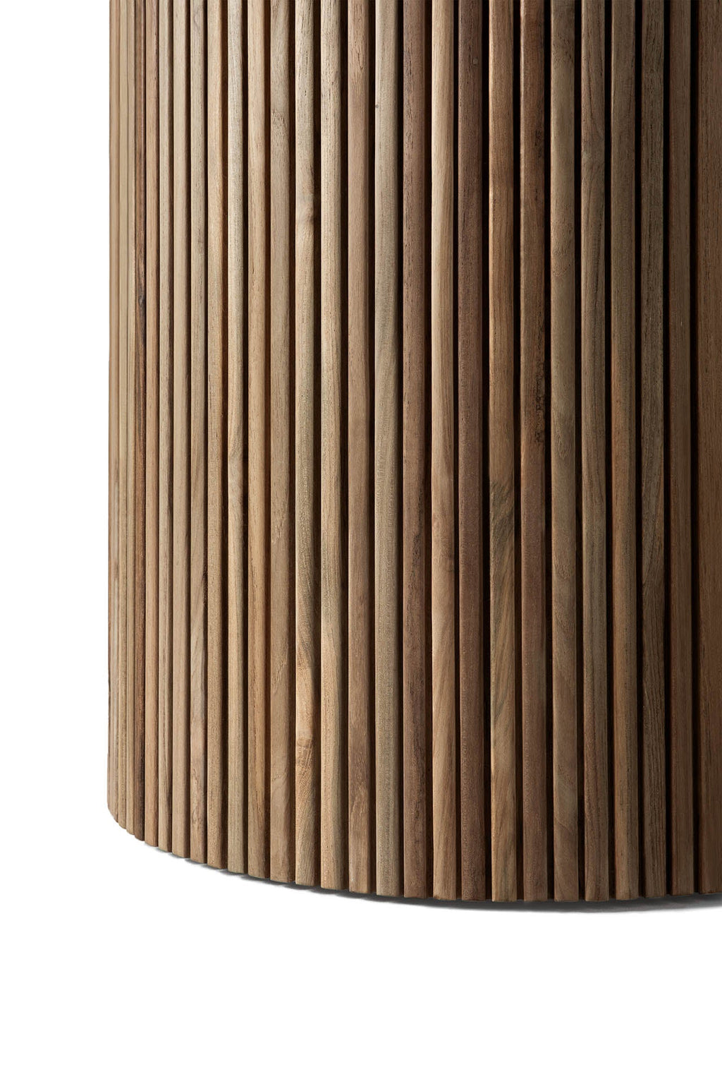 Roller Max Outdoor Dining Table with stacked wood-stick design, hand-finished concrete top, and reclaimed teak base